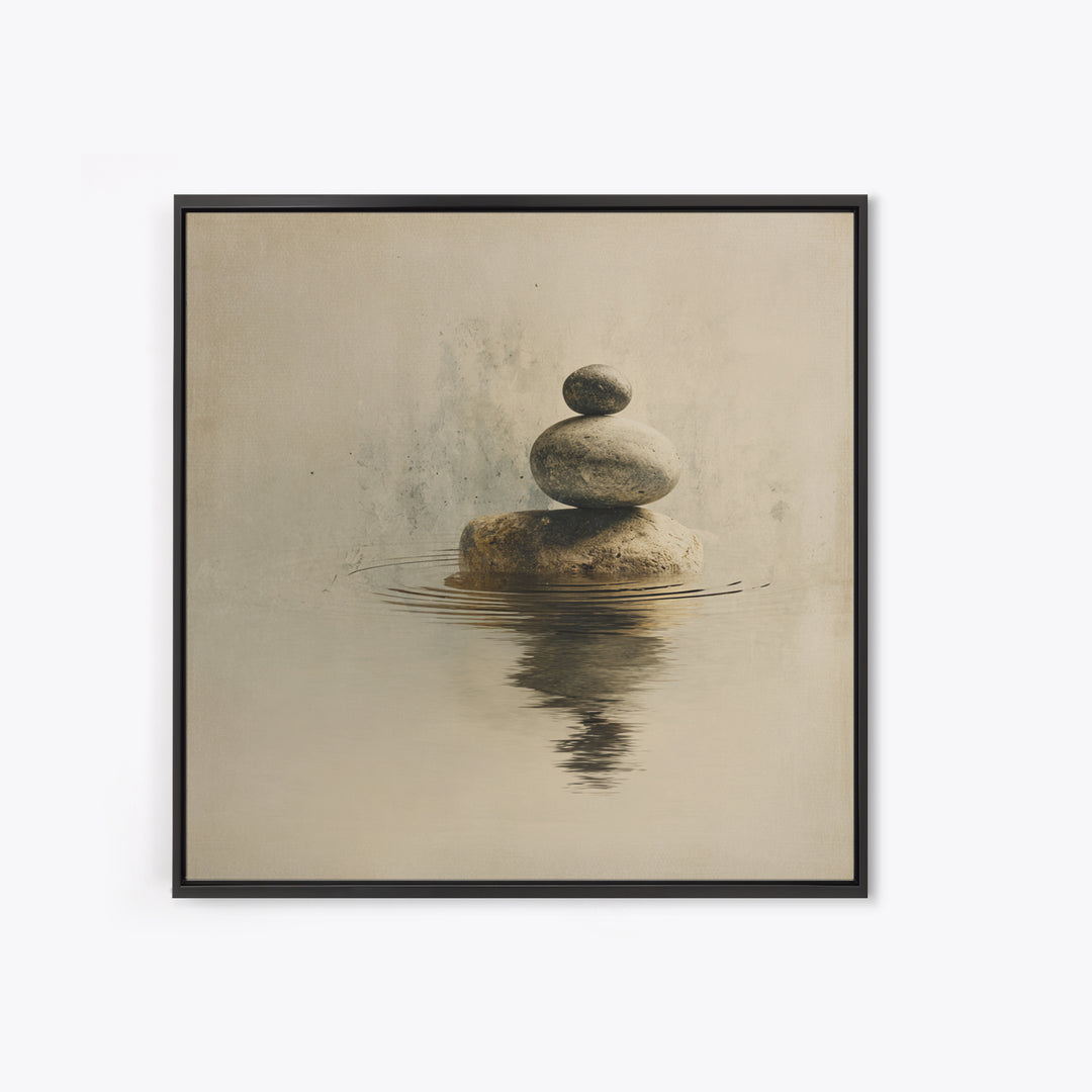 Minimal Zen Rock Stack In Still Water Wall Art, Neutral Japandi Canvas Print, Calming Wabi Sabi Decor For Modern Home
