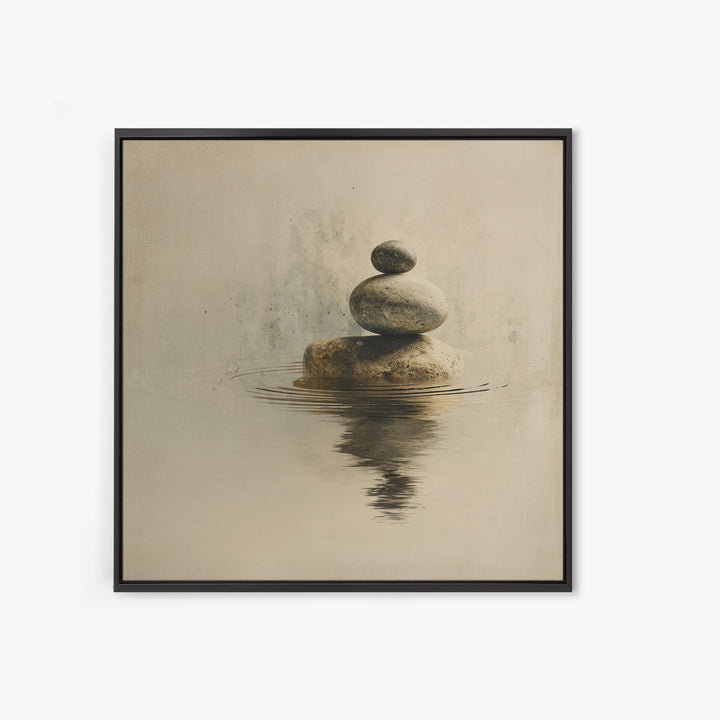 Minimal Zen Rock Stack In Still Water Wall Art, Neutral Japandi Canvas Print, Calming Wabi Sabi Decor For Modern Home