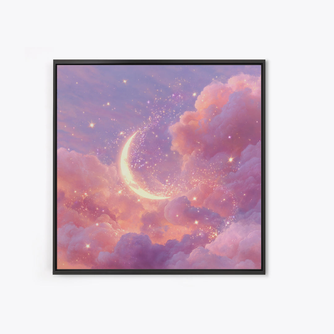 Glowing Crescent Moon In Pink Clouds Wall Art, Celestial Nursery Decor, Dreamy Space Art Print, Whimsical Bedroom Decor Gift