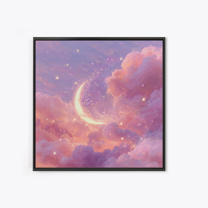 Glowing Crescent Moon In Pink Clouds Wall Art, Celestial Nursery Decor, Dreamy Space Art Print, Whimsical Bedroom Decor Gift