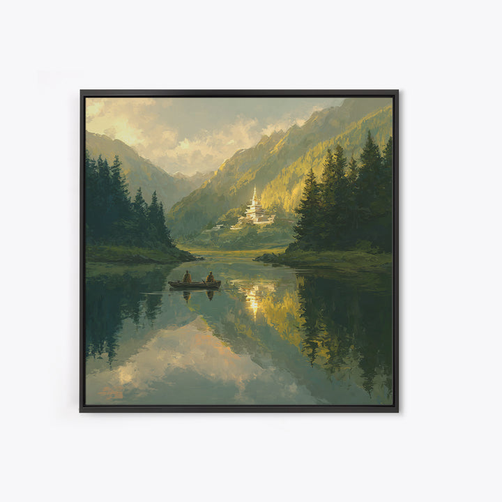 Misty Lake Temple Landscape Wall Art, Tranquil Boat Mountain Canvas Print, Serene Zen Nature Decor For Bedroom Or Living Room