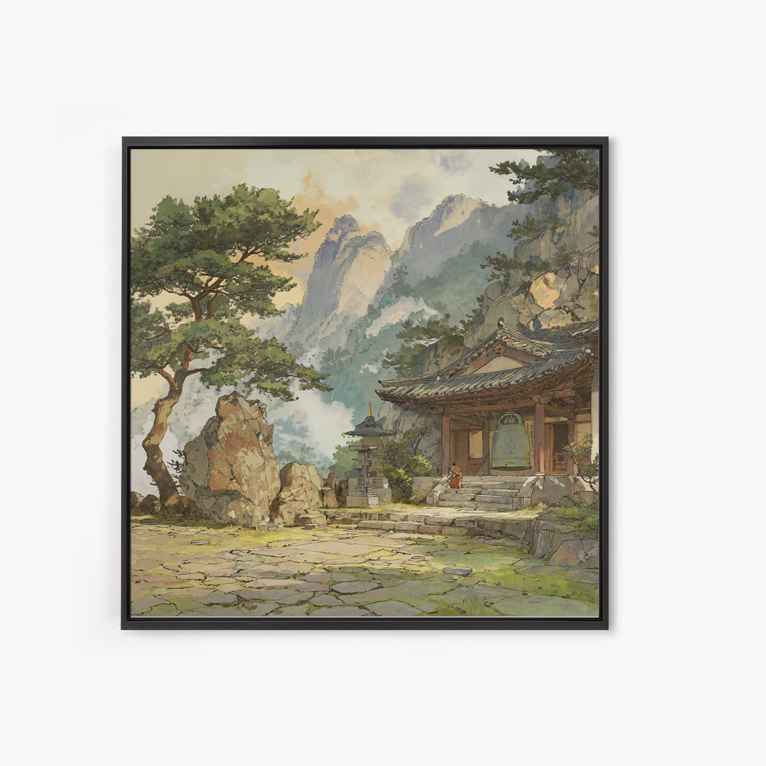 Japanese Landscape With Traditional Temple And Pine Trees Vintage Style Wall Art Framed Canvas Print