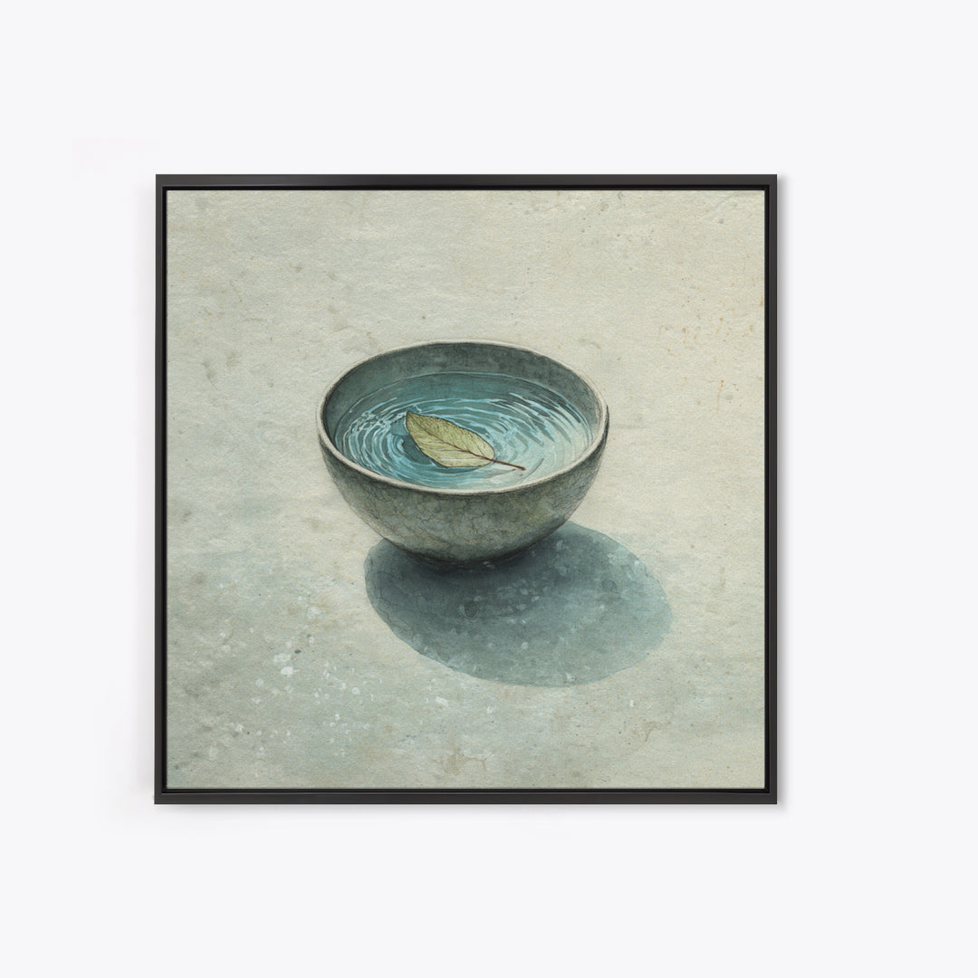 Minimal Tea Bowl With Floating Leaf Watercolor Wall Art, Wabi Sabi Zen Canvas Print, Serene Japanese Inspired Decor