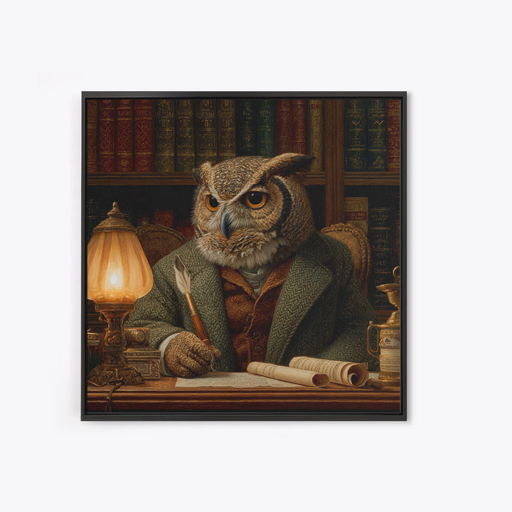 Scholar Owl In Antique Library Canvas Print, Whimsical Animal Wall Art, Dark Academia Office Decor, Book Lover Gift For Readers