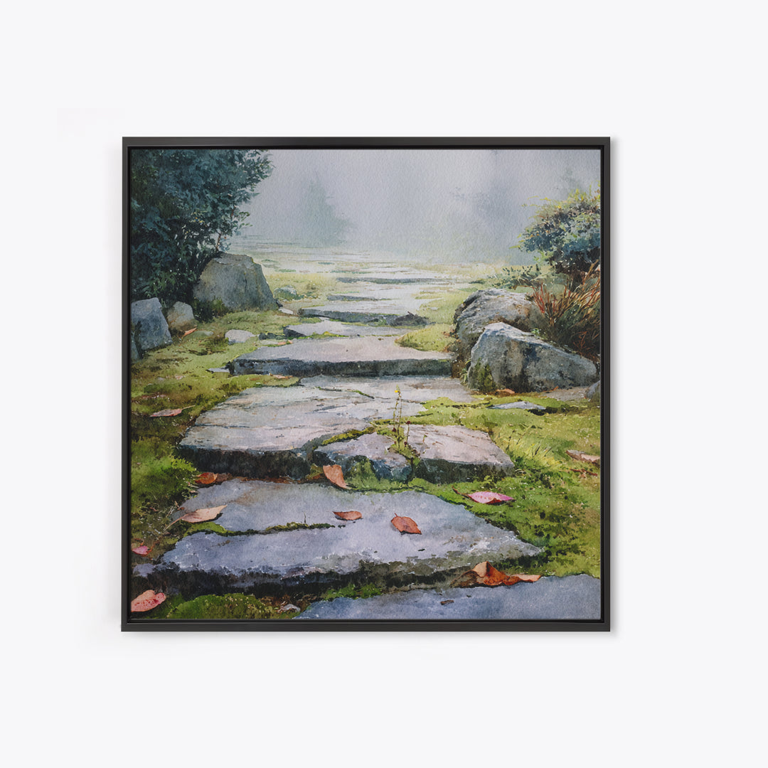 Misty Stone Garden Path Watercolor Wall Art, Serene Landscape Painting, Zen Home Decor, Wabi Sabi Neutral Canvas Print