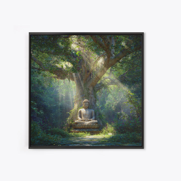 Serene Forest Buddha Statue Under Sacred Tree Wall Art Spiritual Nature Canvas Print Zen Meditation Room Decor Calming Artwork