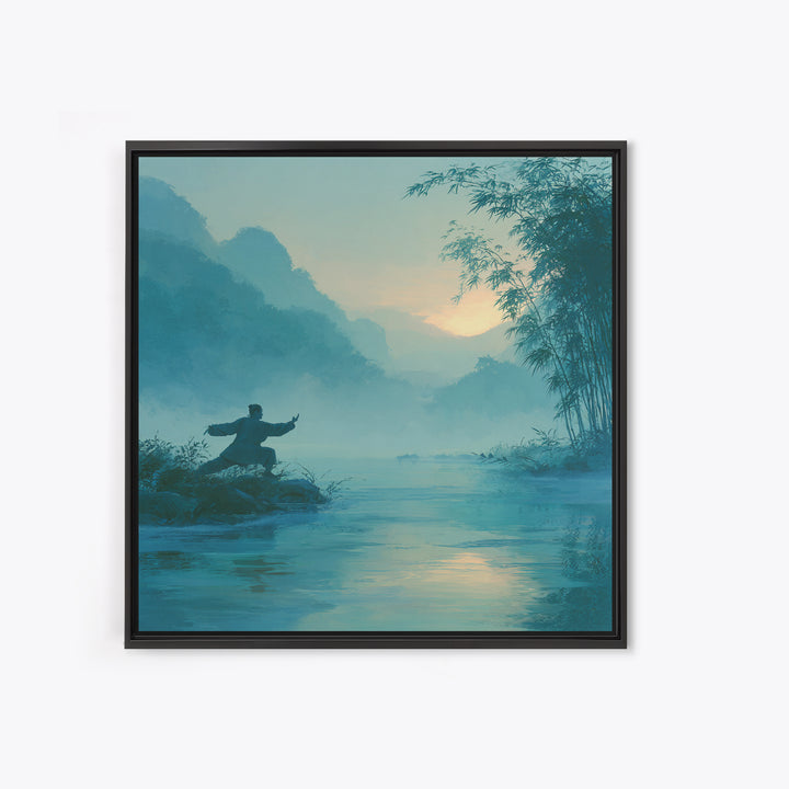 Martial Artist By Misty River At Sunrise Wall Art, Serene Zen Landscape Canvas Print, Calming Nature Home Decor Painting