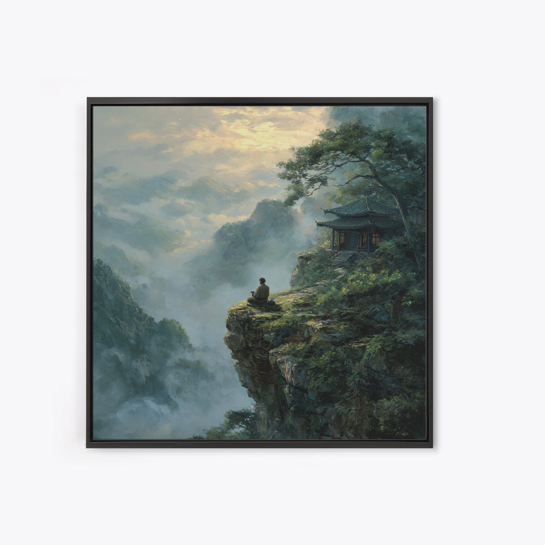 Zen Monk On Mountain Cliff Landscape Wall Art, Meditative Nature Canvas Print, Japanese Style Calming Home Decor