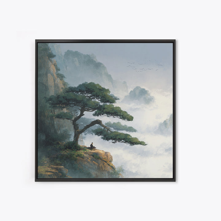 Zen Mountain Meditation Landscape Wall Art, Serene Nature Painting, Calming Japandi Style Canvas Print For Home Decor