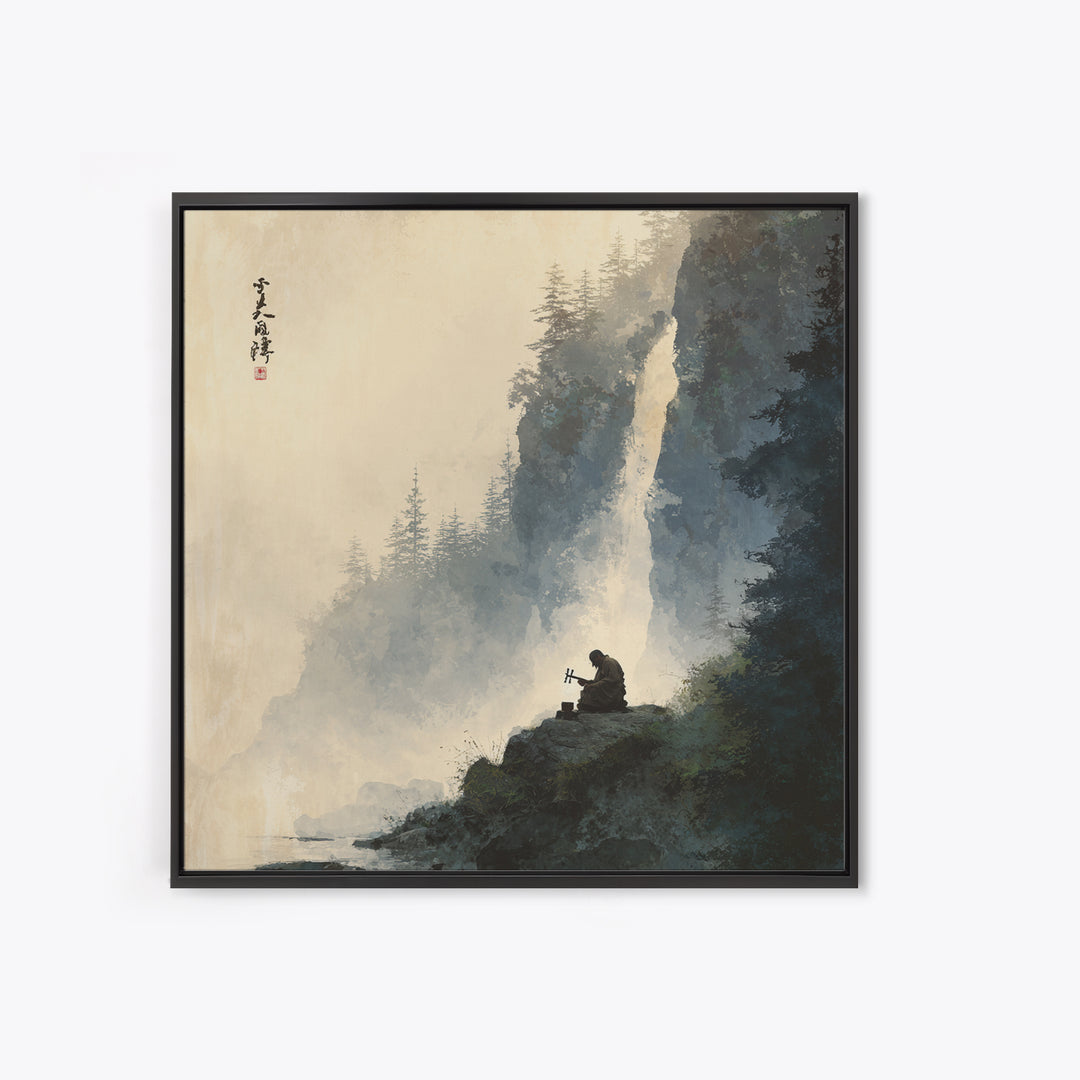 Meditating Monk By Waterfall Landscape Wall Art, Tranquil Zen Mountain Print, Japanese Inspired Nature Canvas Print
