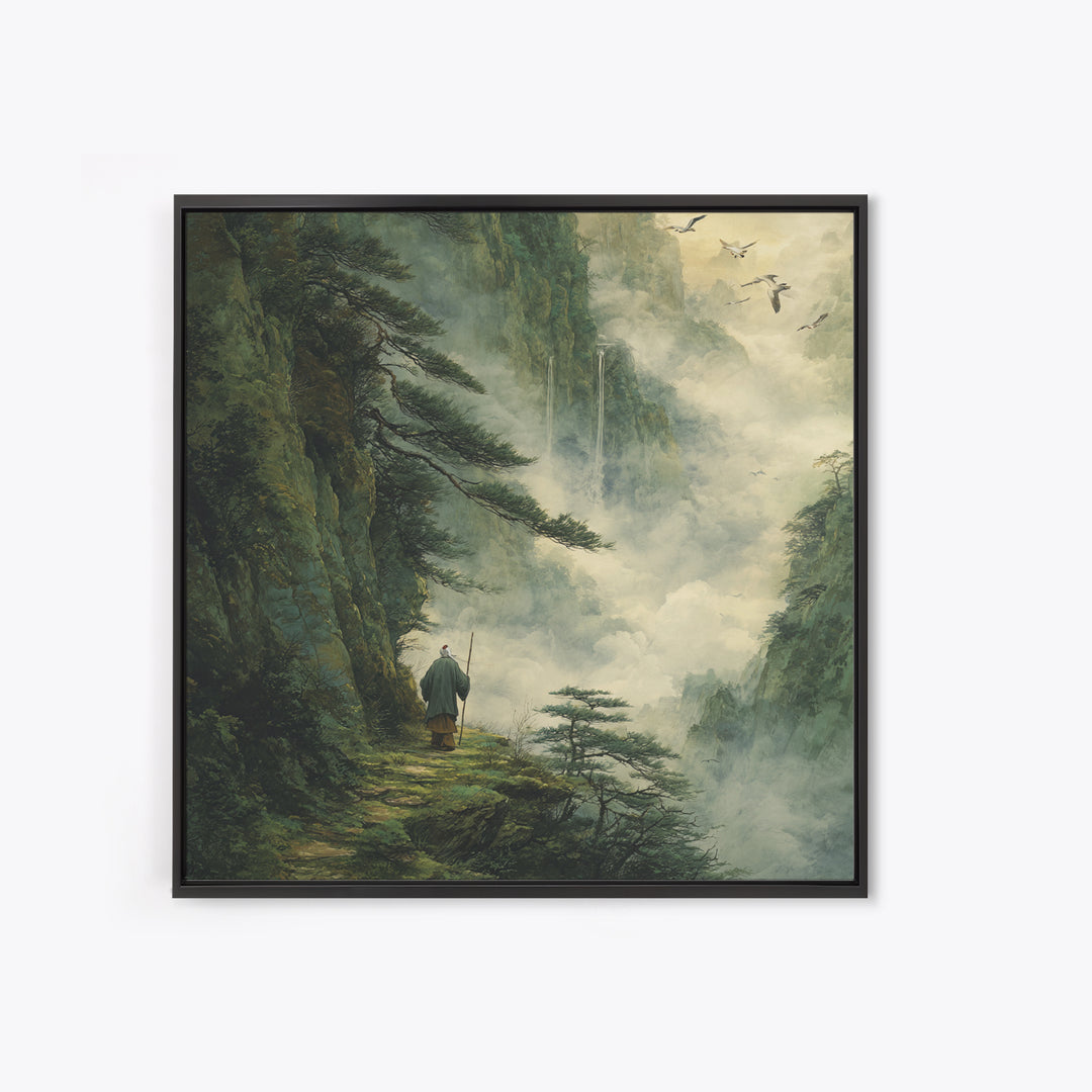 Misty Mountain Path Wanderer Wall Art, Tranquil Fantasy Landscape Painting Print, Zen Nature Home Decor Canvas Print