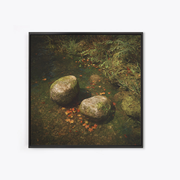 Zen River Stones With Autumn Leaves Wall Art, Tranquil Nature Landscape Canvas Print, Minimalist Forest Creek Decor For Spa Or Bedroom