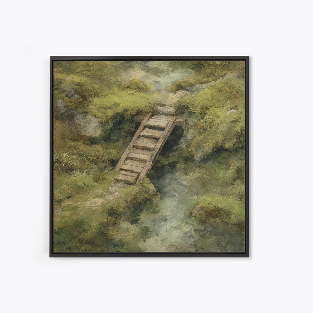 Rustic Wooden Footbridge Over Stream Wall Art, Tranquil Forest Landscape Canvas Print, Nature Home Decor For Bedroom Or Cozy Living Room