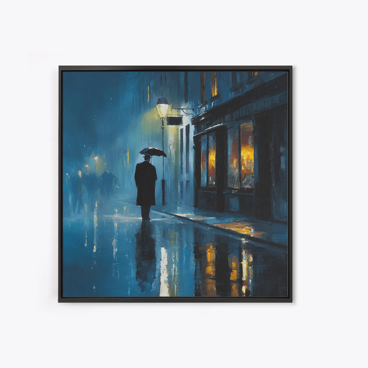 Rainy Blue City Street With Umbrella Canvas Print, Moody Urban Wall Art, Paris Cafe Decor, Romantic Bedroom Living Room Decor