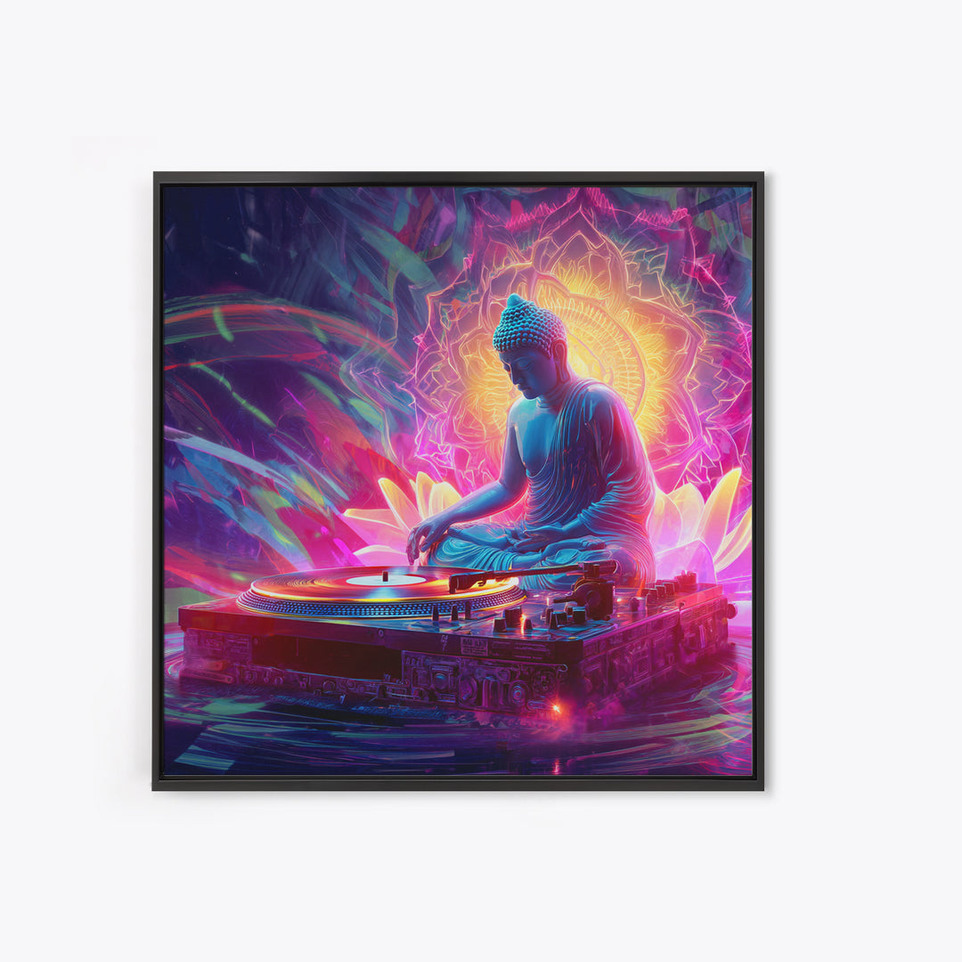Meditative Buddha DJ Neon Wall Art Canvas Print, Psychedelic Spiritual Music Poster For Gaming Room And Modern Decor