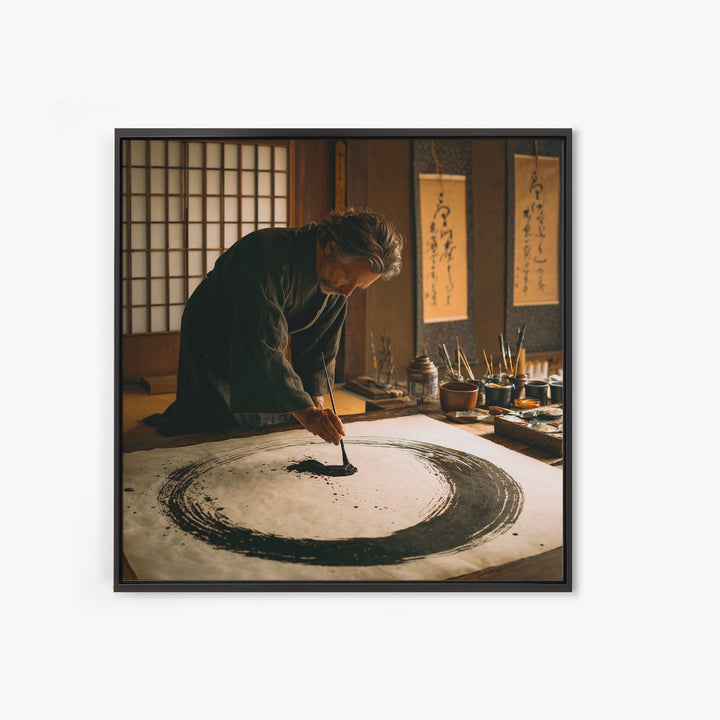 Japanese Calligrapher Painting Zen Enso Circle Wall Art, Serene Asian Ink Canvas Print For Mindful Home Decor