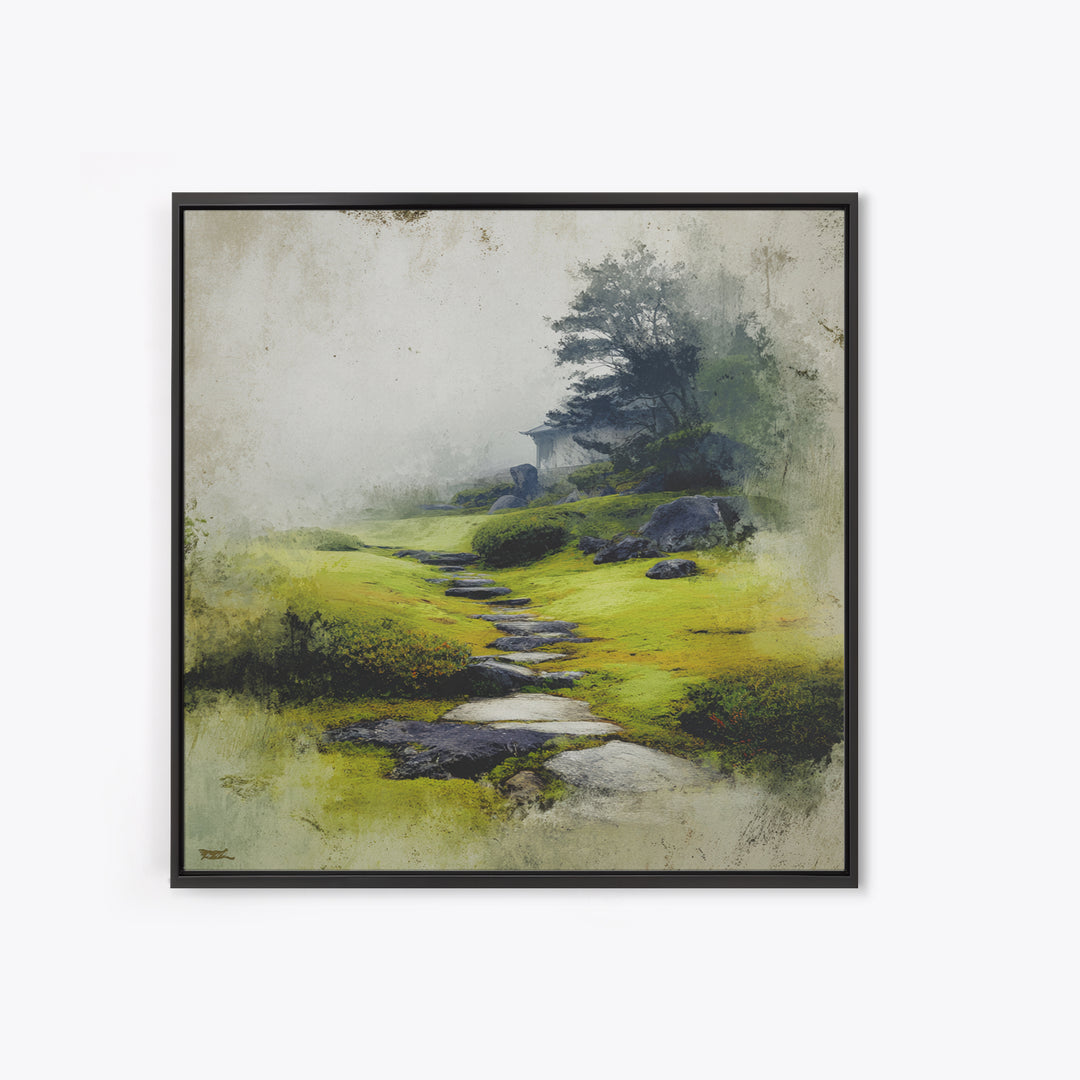 Misty Stone Path Garden Landscape Wall Art, Serene Zen Canvas Print, Wabi Sabi Nature Home Decor, Calming Wall Art