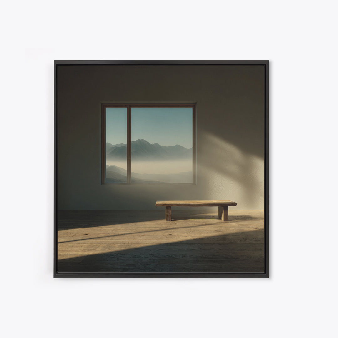 Minimalist Japandi Interior Wall Art, Sunlit Bench And Mountain View Framed Canvas Print, Neutral Zen Home Decor
