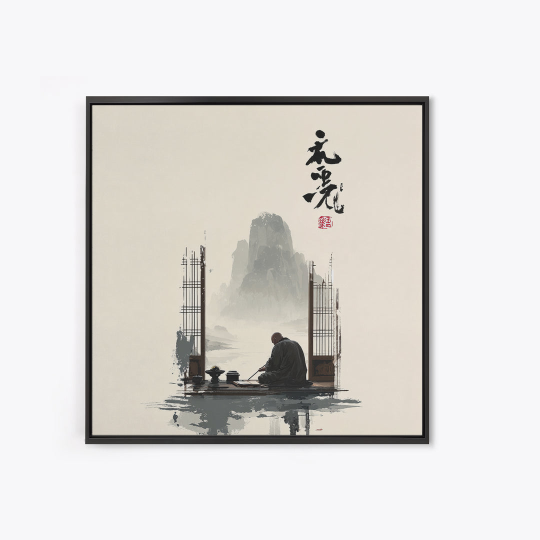 Zen Monk By Mountain Lake Wall Art, Minimalist Japanese Landscape Canvas Print, Calming Neutral Home Decor