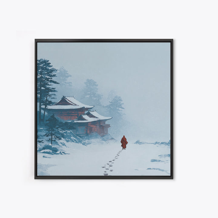 Solitary Monk Walking To Temple In Snow Wall Art, Minimalist Japanese Landscape Print, Tranquil Zen Home Decor