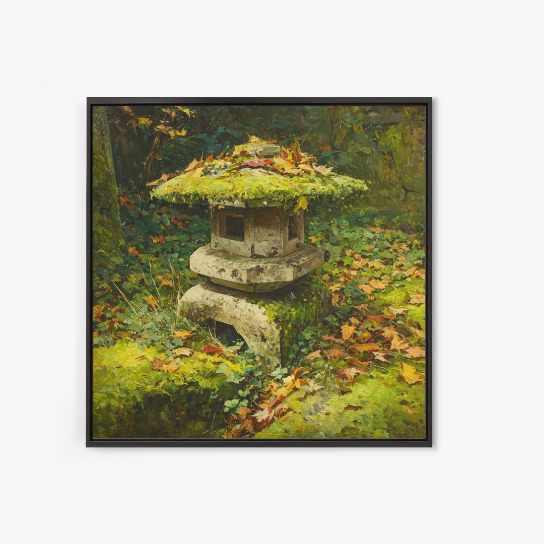 Japanese Garden Lantern Wall Art, Mossy Stone Sculpture Print, Tranquil Nature Decor, Wabi Sabi Garden Wall Art
