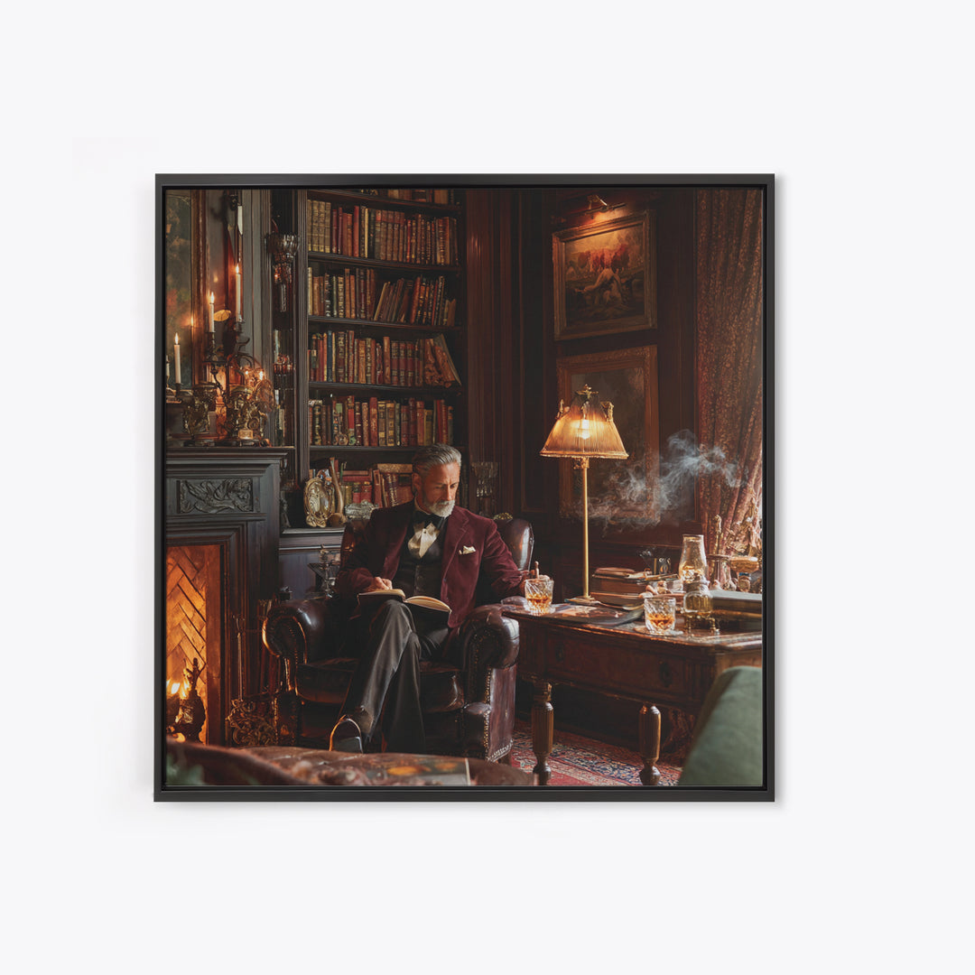 Elegant Gentleman Reading By Fireplace Framed Canvas Print, Dark Academia Library Wall Art, Old World Office Decor Gift For Him