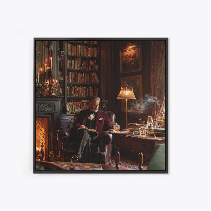 Elegant Gentleman Reading By Fireplace Framed Canvas Print, Dark Academia Library Wall Art, Old World Office Decor Gift For Him
