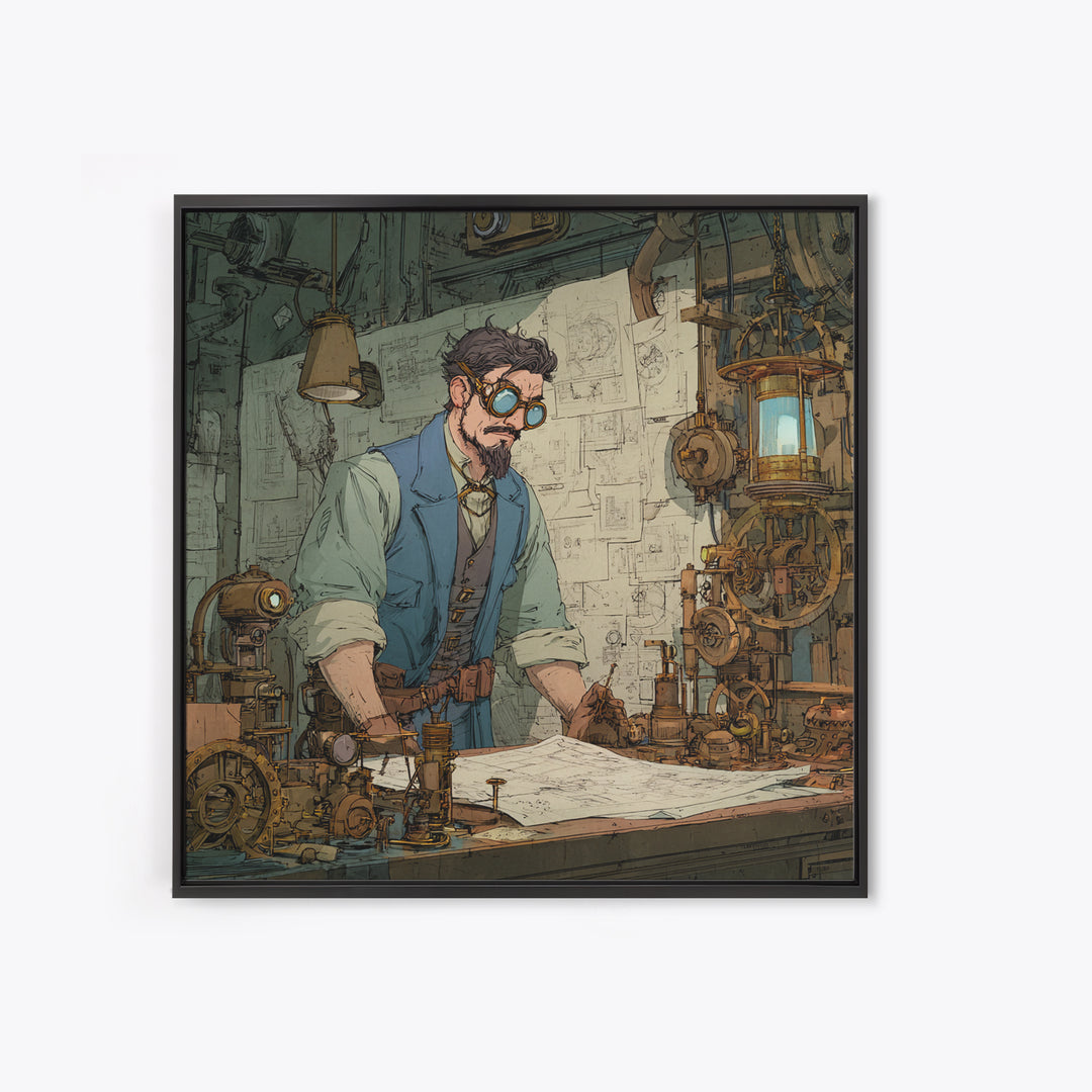Steampunk Inventor Drafting Blueprints Canvas Print, Industrial Office Wall Art, Mechanical Workshop Decor, Gift For Him