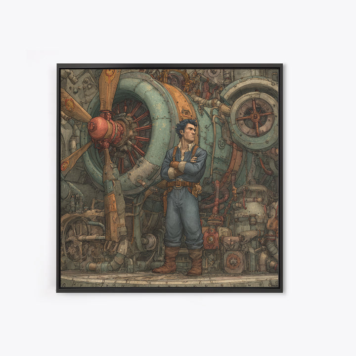 Steampunk Airship Mechanic By Giant Engine Framed Canvas Print, Industrial Sci Fi Wall Art, Mechanical Man Cave Decor Gift