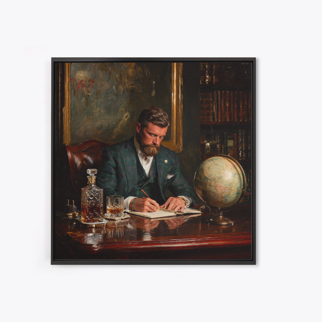 Bearded Gentleman Journaling In Moody Library Framed Canvas Print, Dark Academia Wall Art, Office Decor, Gift For Him, Masculine Decor