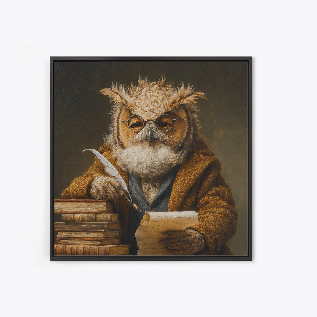 Whimsical Owl Scholar With Quill And Books Wall Art, Animal Portrait Canvas, Dark Academia Decor, Library Gift, Book Lover Gift