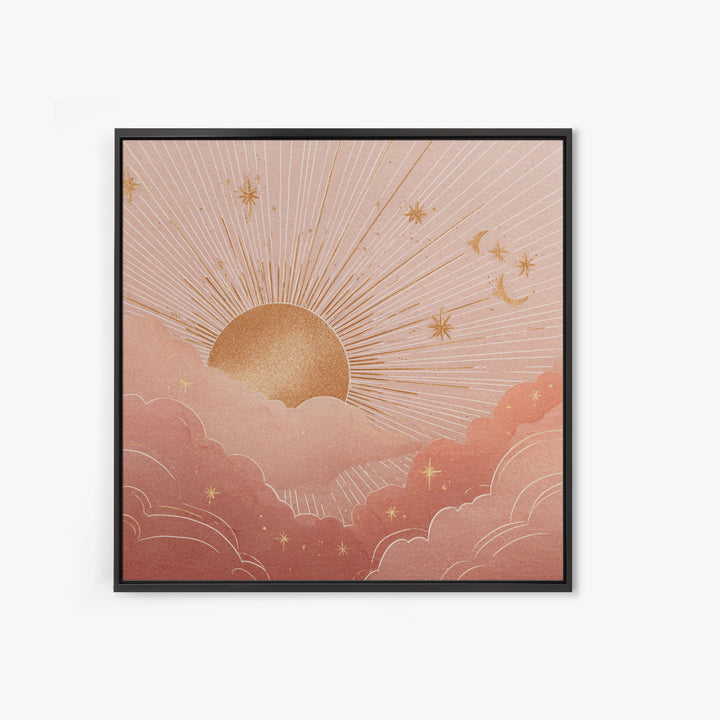 Boho Golden Sun Over Pink Clouds Wall Art, Celestial Sun And Moon Print, Warm Neutral Nursery Decor, Above Bed Decor Gift