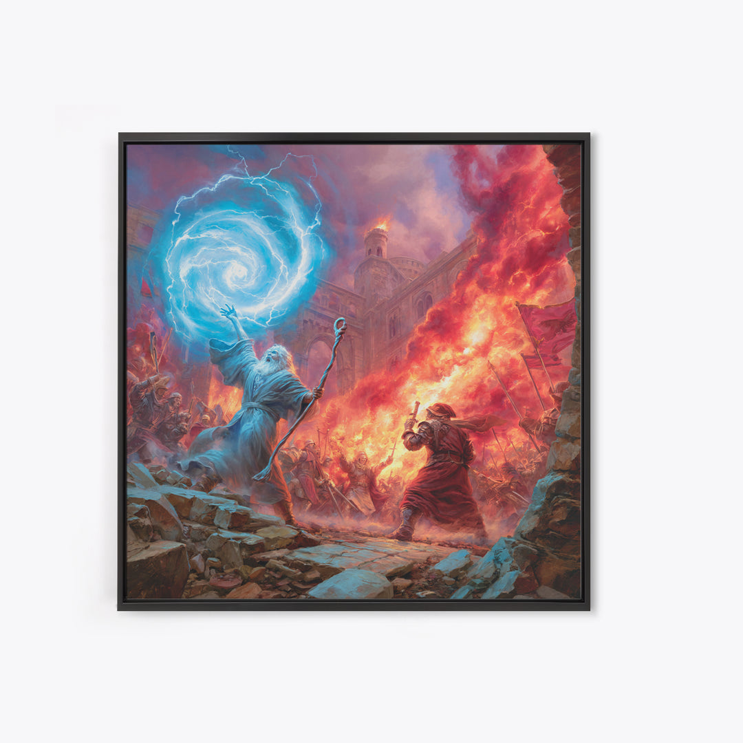 Epic Wizard Battle Canvas Print, Fantasy Wall Art With Fire Magic Portal, Dungeons And Dragons Decor, Gamer Room Gift, Epic Art