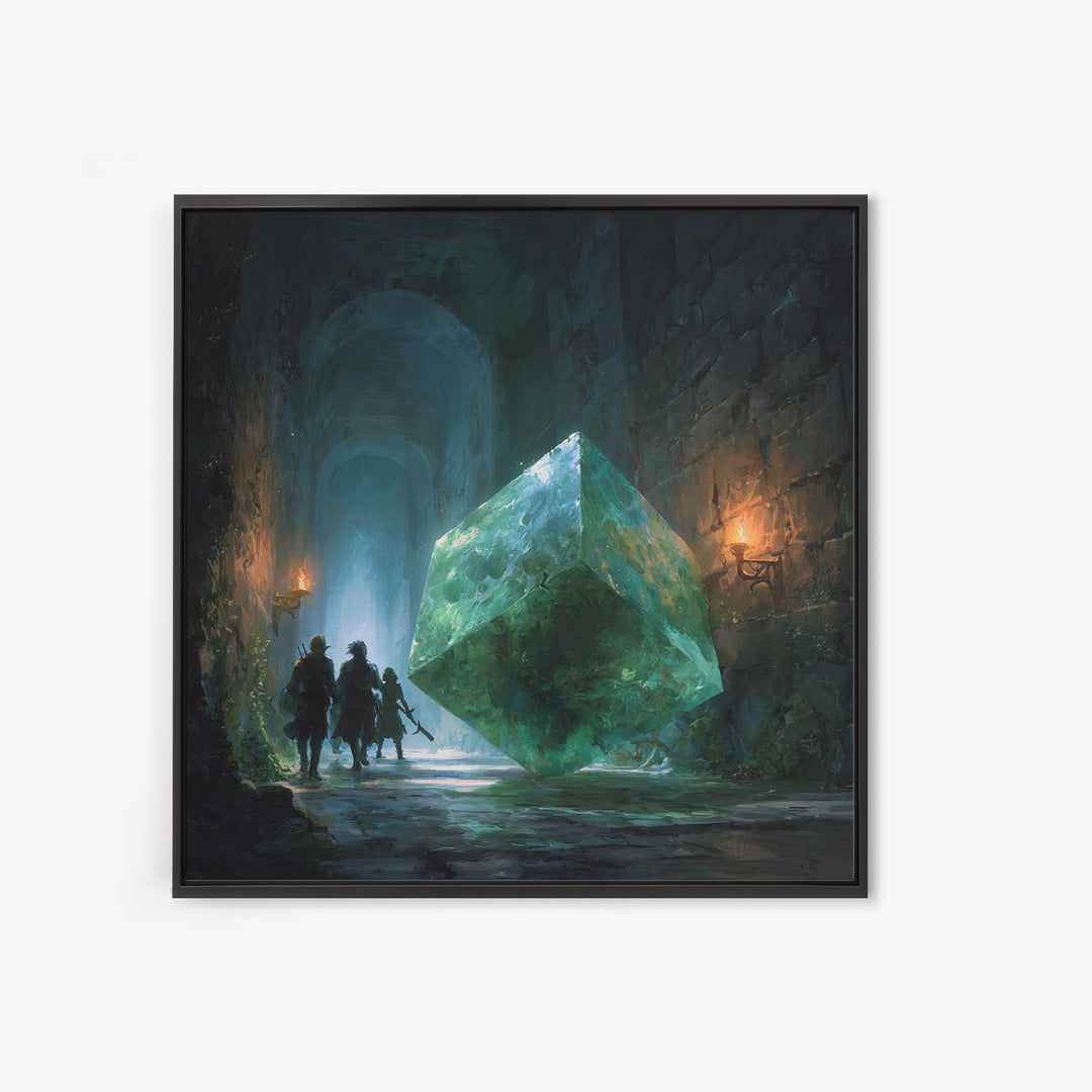 Glowing Green Crystal Dungeon Wall Art, Fantasy Adventure Canvas Print, Magical Library Decor, Dungeons And Dragons Gift