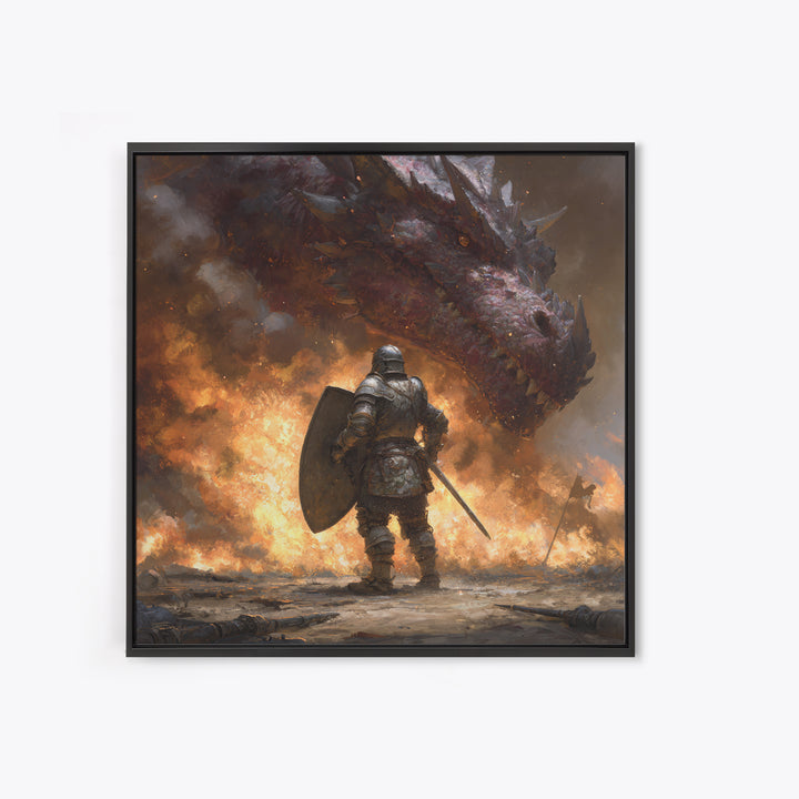 Armored Knight Facing Dragon Framed Canvas Print, Dark Fantasy Wall Art, Medieval Fire Battle Decor, Gamer Gift For Him, Dragon Art