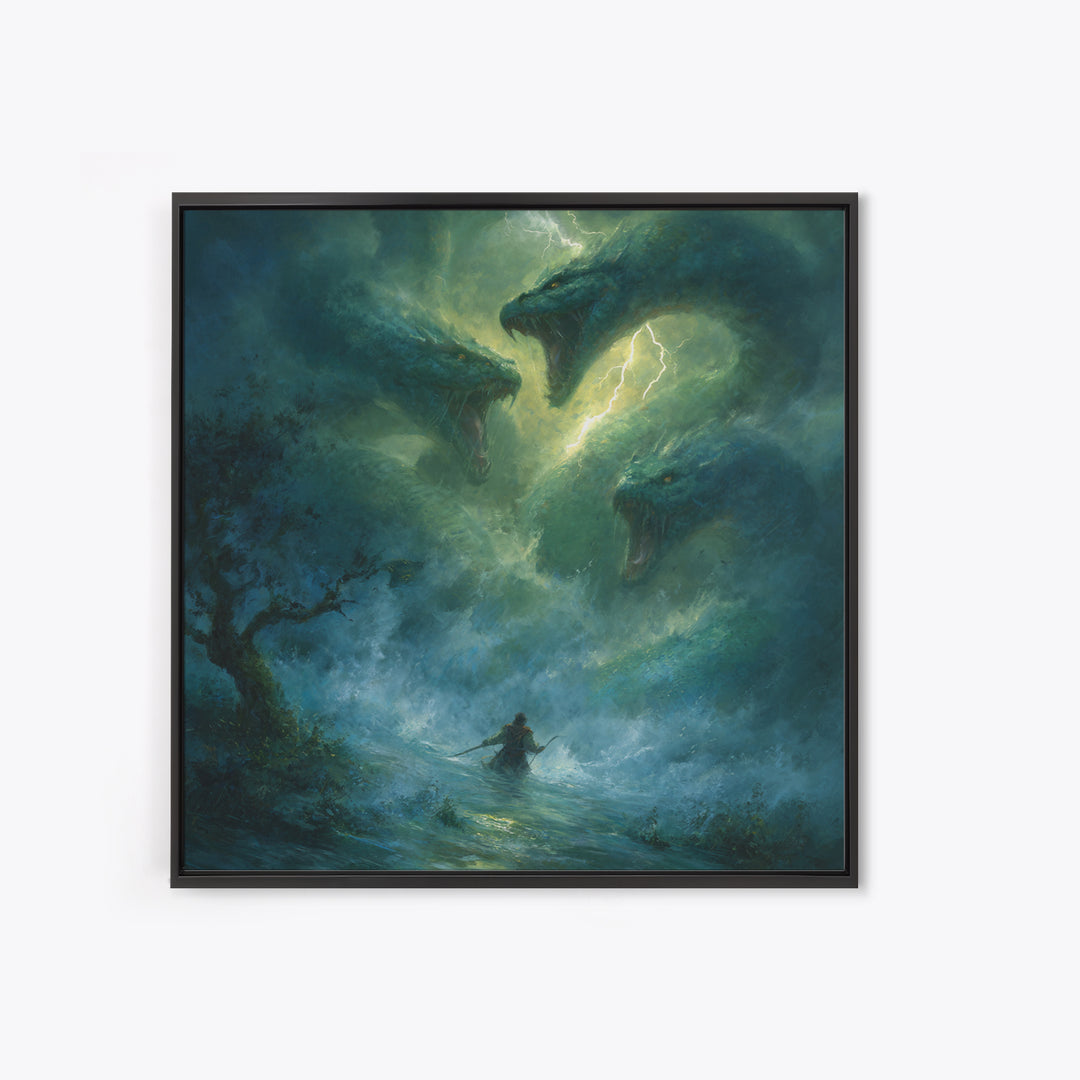 Three Headed Sea Serpent Storm Wall Art, Dark Fantasy Canvas Print, Mythical Creature Decor, Dragon Art Gift For Him, Epic Battle
