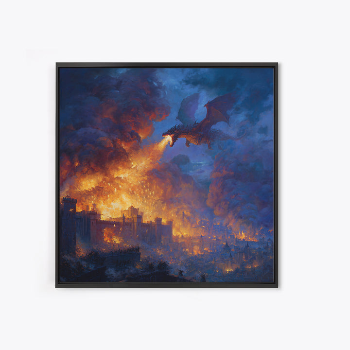 Fire Breathing Dragon Over Burning City Wall Art, Dark Fantasy Canvas Print, Medieval Castle Decor, Epic Gamer Gift For Him