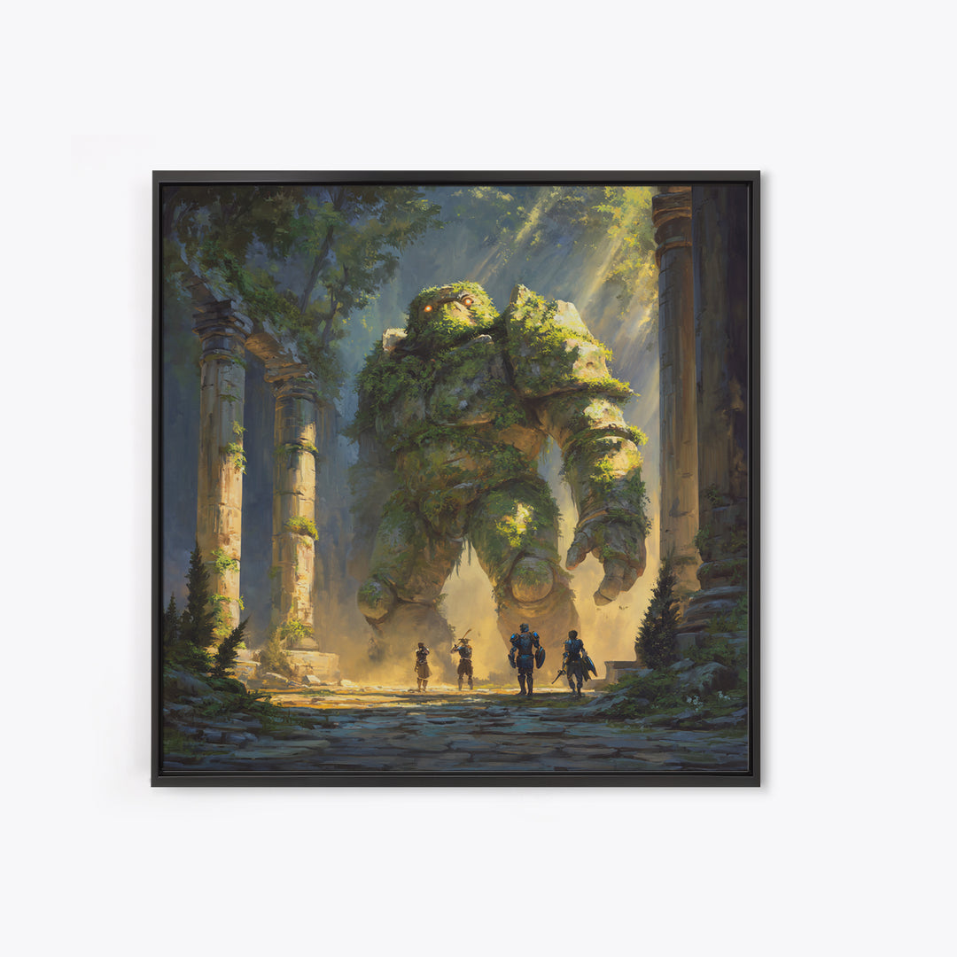 Moss Covered Forest Golem Ruins Wall Art, Fantasy Canvas Print, Whimsical Adventure Decor, Magical Woodland Artwork For Game Room