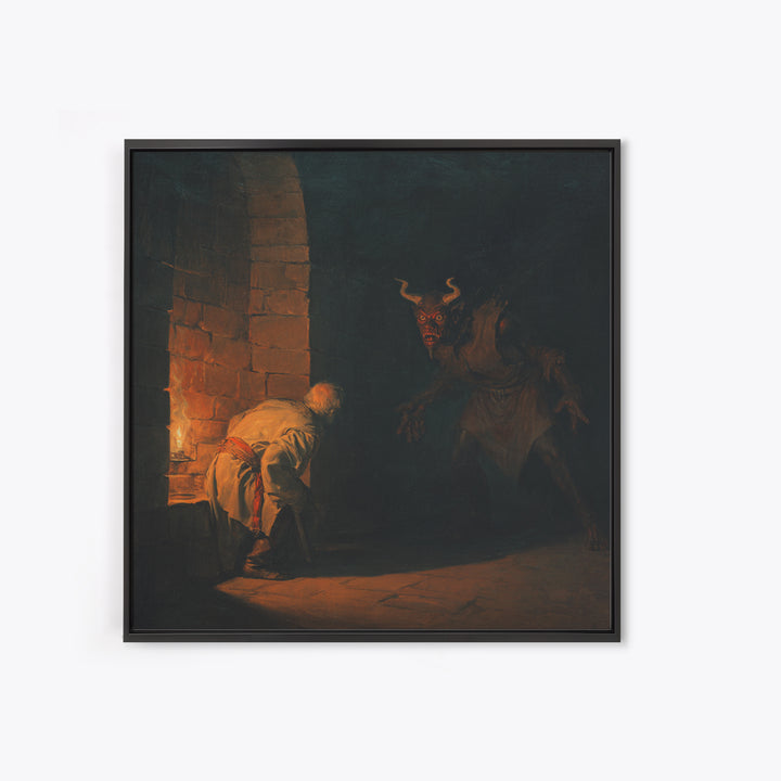 Candlelit Dungeon Demon Encounter Wall Art, Dark Fantasy Canvas Print, Gothic Horror Decor, Medieval Monster Artwork For Study