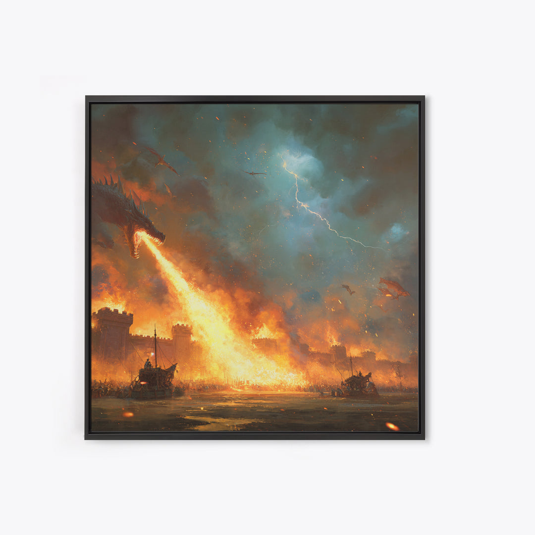 Fire Breathing Dragon Siege Wall Art, Epic Fantasy Canvas Print, Medieval Castle Battle Decor, Dramatic Game Room Artwork