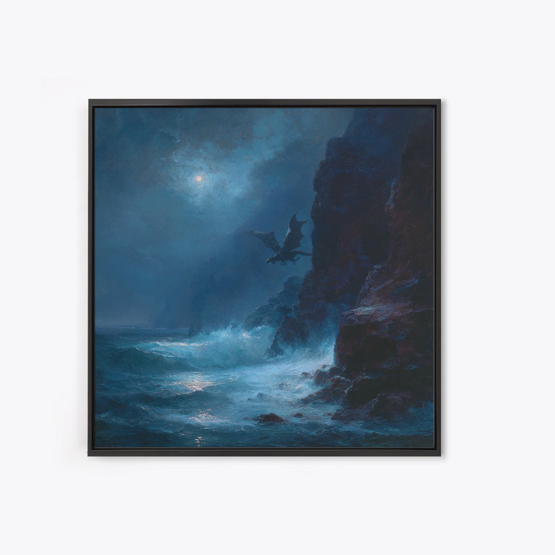 Moonlit Dragon Over Stormy Sea Cliffs Wall Art, Fantasy Seascape Canvas Print, Moody Coastal Decor, Gothic Ocean Artwork
