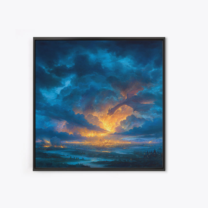 Storm Cloud Dragon Above Glowing Kingdom Wall Art, Fantasy Landscape Canvas Print, Dramatic Sky Decor, Epic Castle Artwork