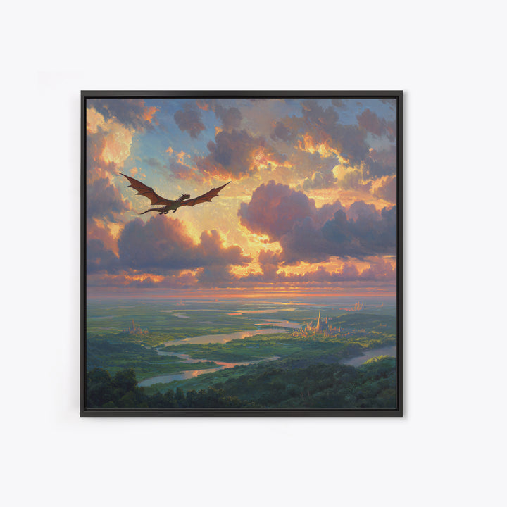 Soaring Dragon Sunset Valley Wall Art, Fantasy Landscape Canvas Print, Castle Kingdom Decor, Dreamy Adventure Artwork For Living Room