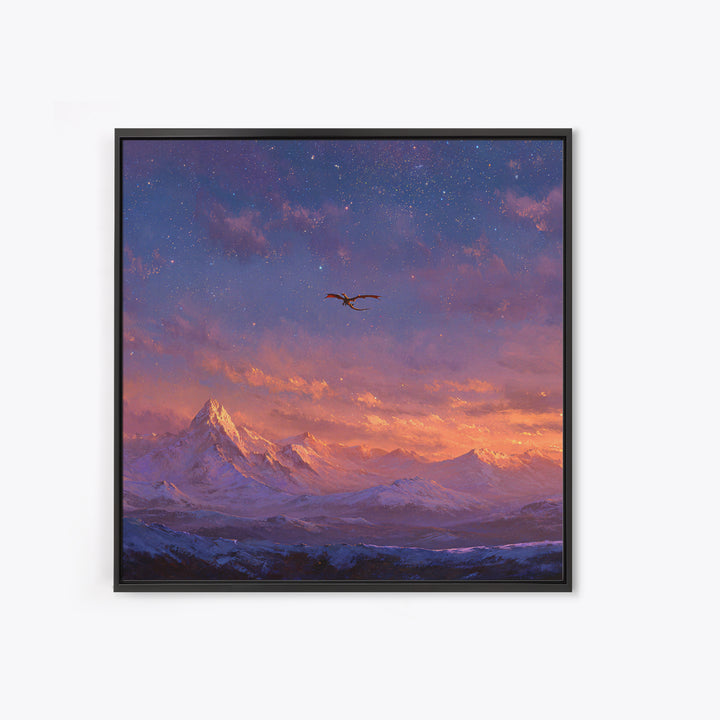 Starry Mountain Dragon Flight Wall Art, Fantasy Canvas Print, Snowy Alpine Landscape Decor, Celestial Adventure Artwork For Bedroom