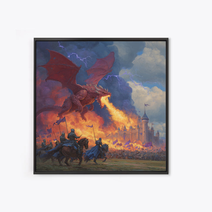 Red Dragon Castle Siege Wall Art, Epic Fantasy Framed Canvas Print, Medieval Battle Decor, Knight Adventure Game Room Artwork