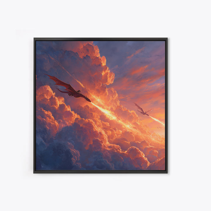 Dragons Blazing Through Sunset Clouds Wall Art, Fantasy Canvas Print, Fiery Sky Decor, Epic Mythical Adventure Artwork For Office