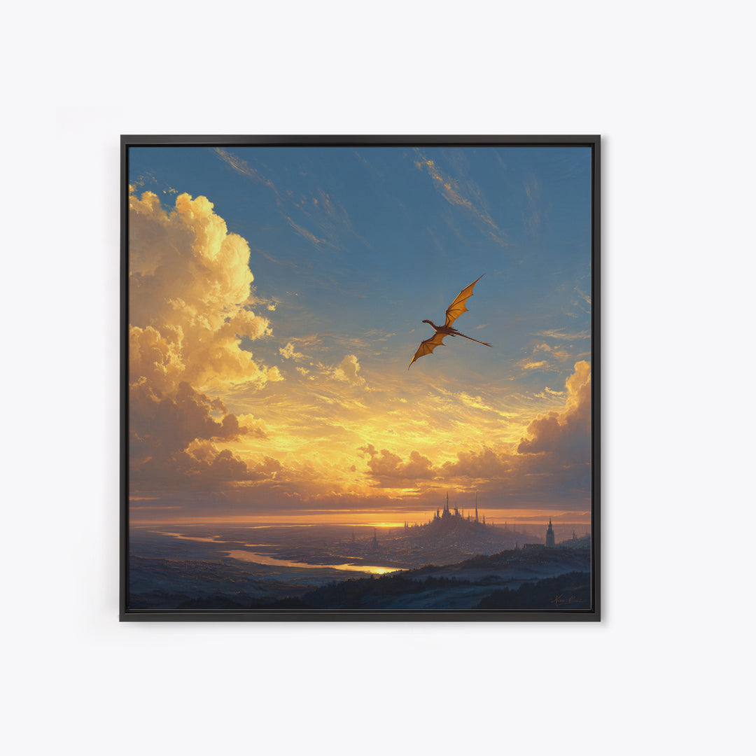 Lone Dragon Over Golden Horizon Wall Art, Fantasy Landscape Canvas Print, Sunset Castle Decor, Serene Coastal Artwork For Living Room