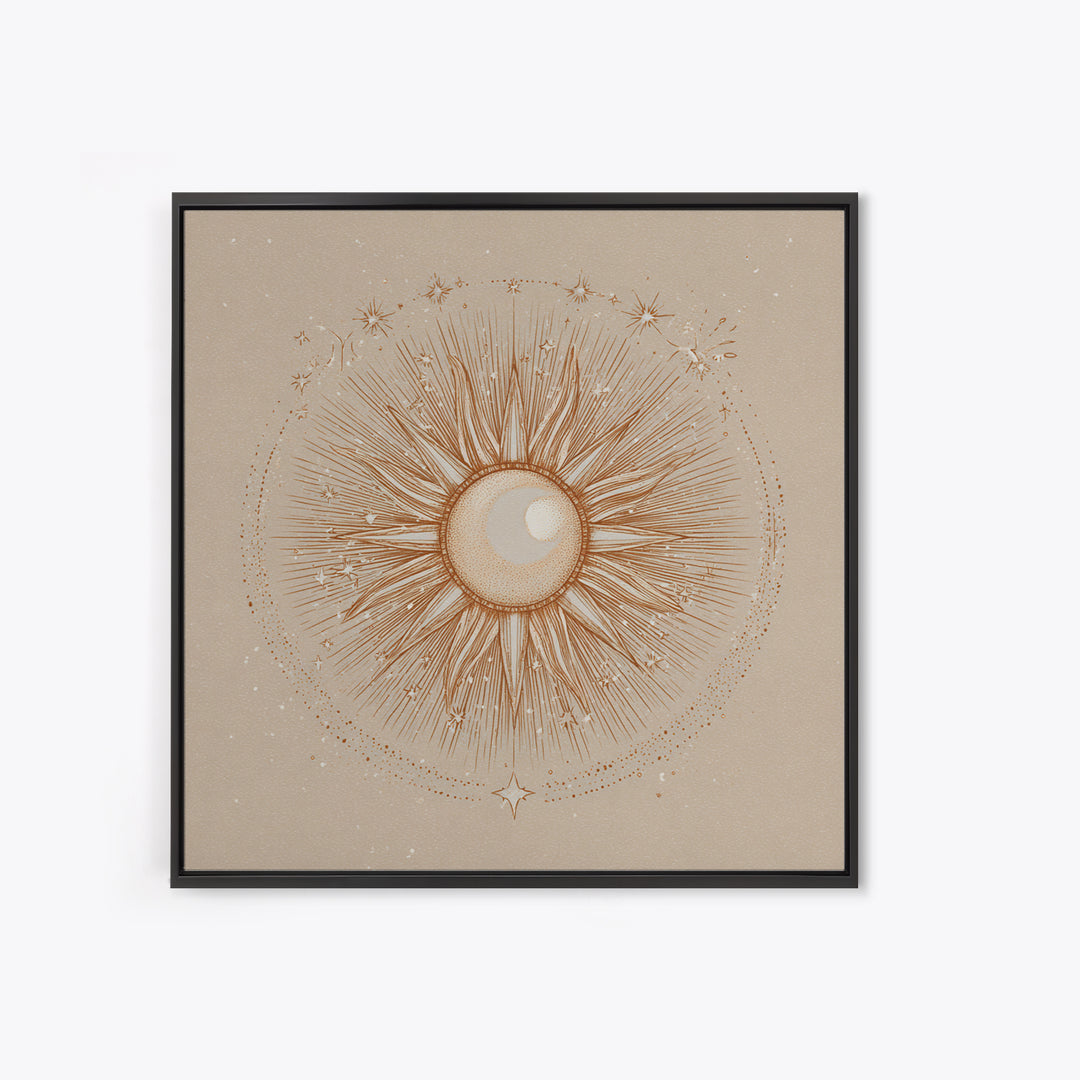 Celestial Sunburst Moon Line Art Framed Canvas Print, Neutral Boho Wall Art, Mystical Minimalist Bedroom Decor, Above Bed Decor