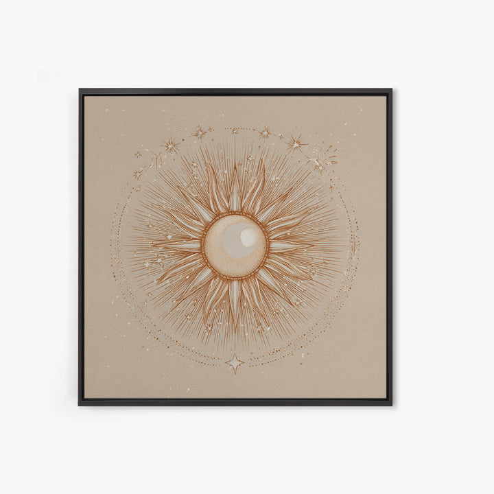 Celestial Sunburst Moon Line Art Framed Canvas Print, Neutral Boho Wall Art, Mystical Minimalist Bedroom Decor, Above Bed Decor