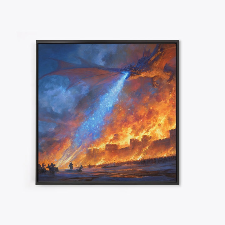 Blue Fire Dragon Siege Wall Art, Epic Fantasy Canvas Print, Medieval Castle Battle Decor, Large Gamer Room Wall Decor Gift For Him